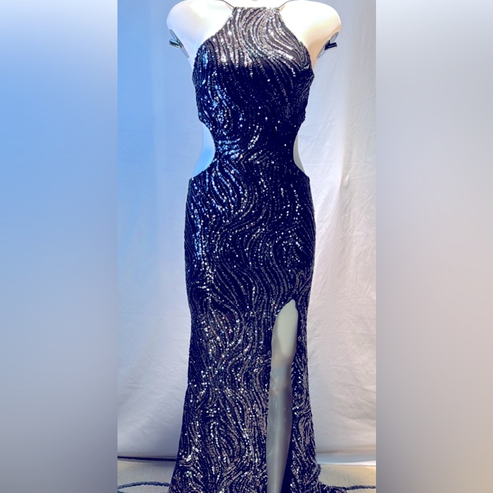 Prom Va Va Voom Black and Silver Sequin Halter Gown